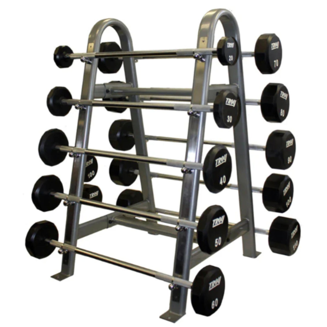 Troy Barbell 12-Sided Fixed Urethane Barbell Set with Horizontal Barbell Rack