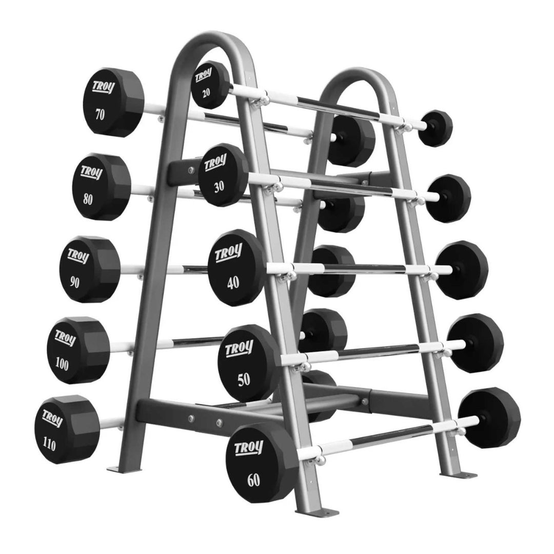 Troy Barbell 12-Sided Fixed Urethane Barbell Set with Horizontal Barbell Rack