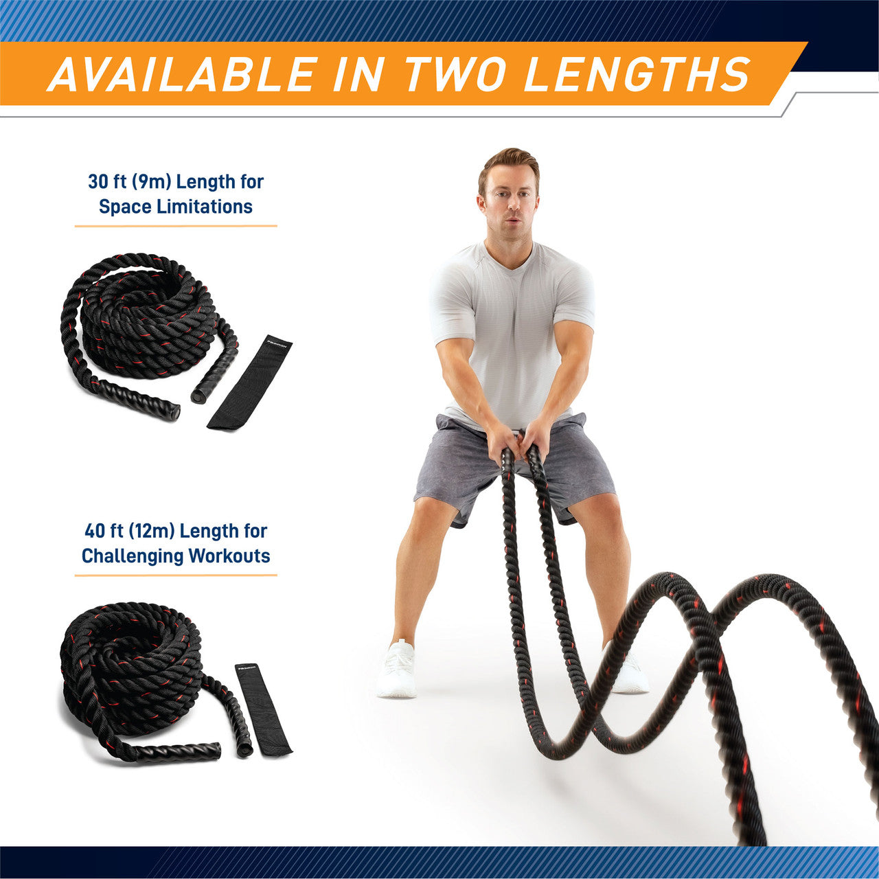 12 M (40 ft) Battle Ropes 38mm (1.5 Inch) Diamater Heavy Exercise Rope | ProIron PRO-ZS01-2