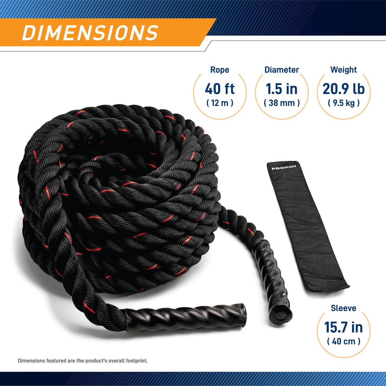 12 M (40 ft) Battle Ropes 38mm (1.5 Inch) Diamater Heavy Exercise Rope | ProIron PRO-ZS01-2