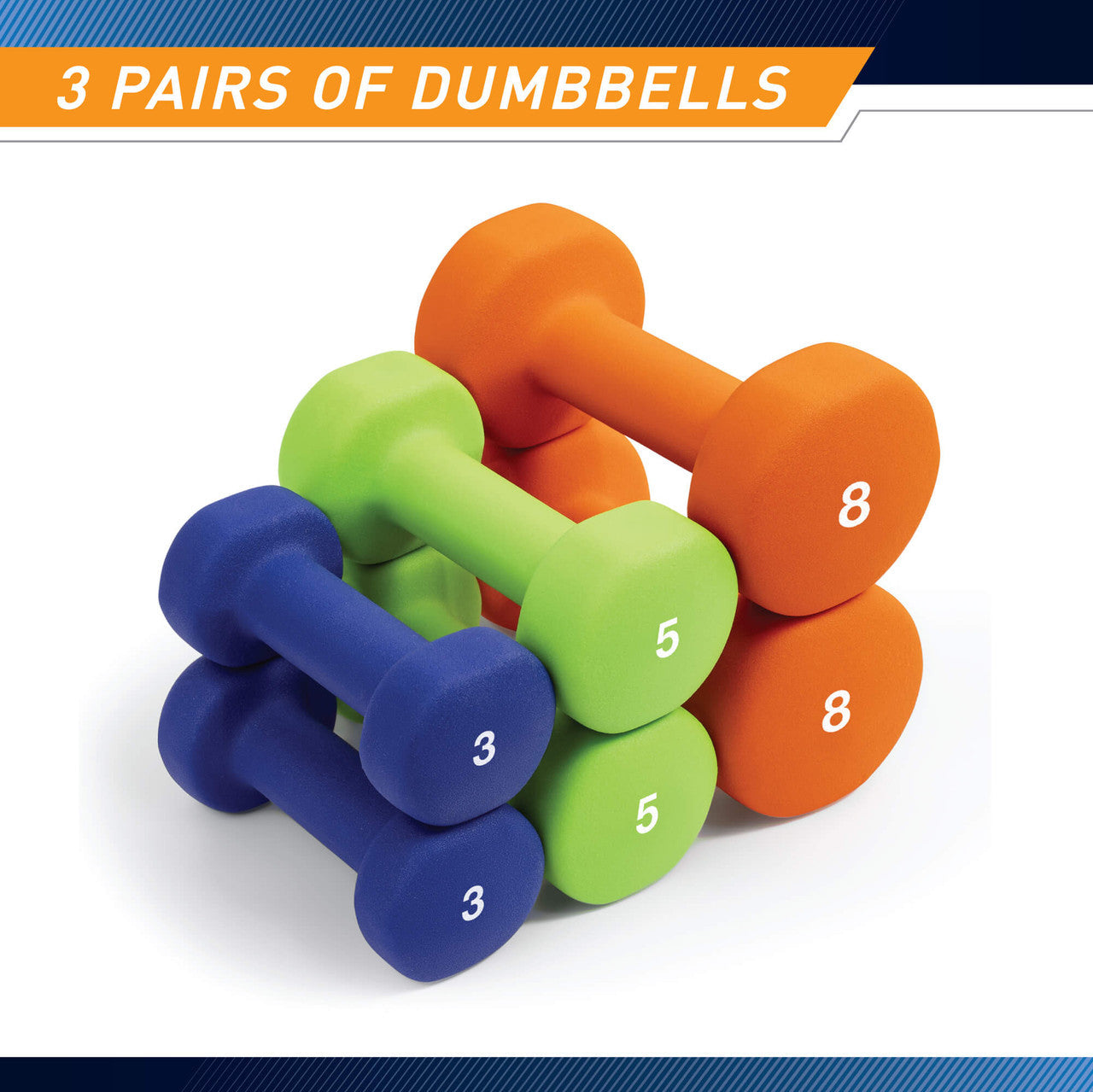3-Pair Neoprene Dumbbell Set with Dumbbell Rack - 32 lbs total NDS-32B | Marcy