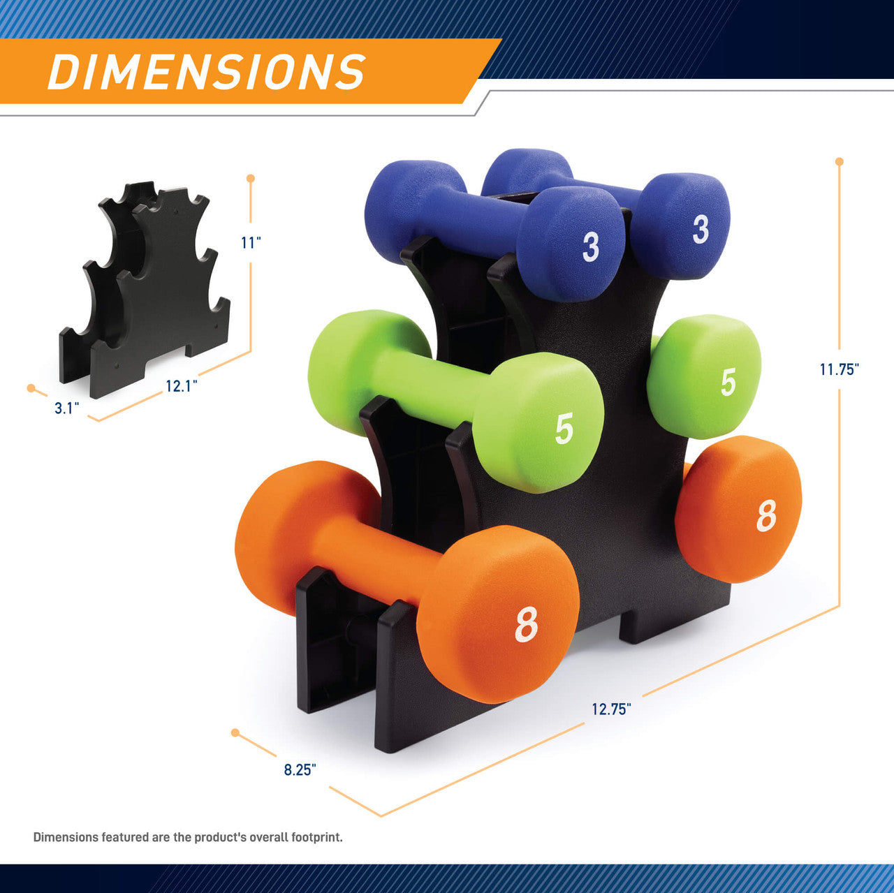 3-Pair Neoprene Dumbbell Set with Dumbbell Rack - 32 lbs total NDS-32B | Marcy