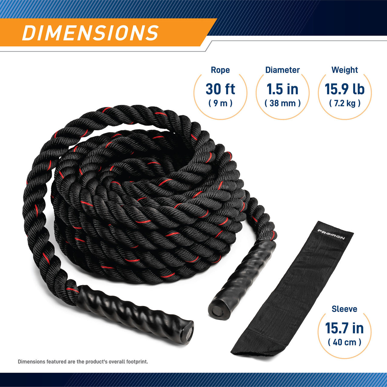 9 M (30 ft) Battle Ropes 38mm (1.5 Inch) Diamater Heavy Exercise Rope | ProIron PRO-ZS01-1