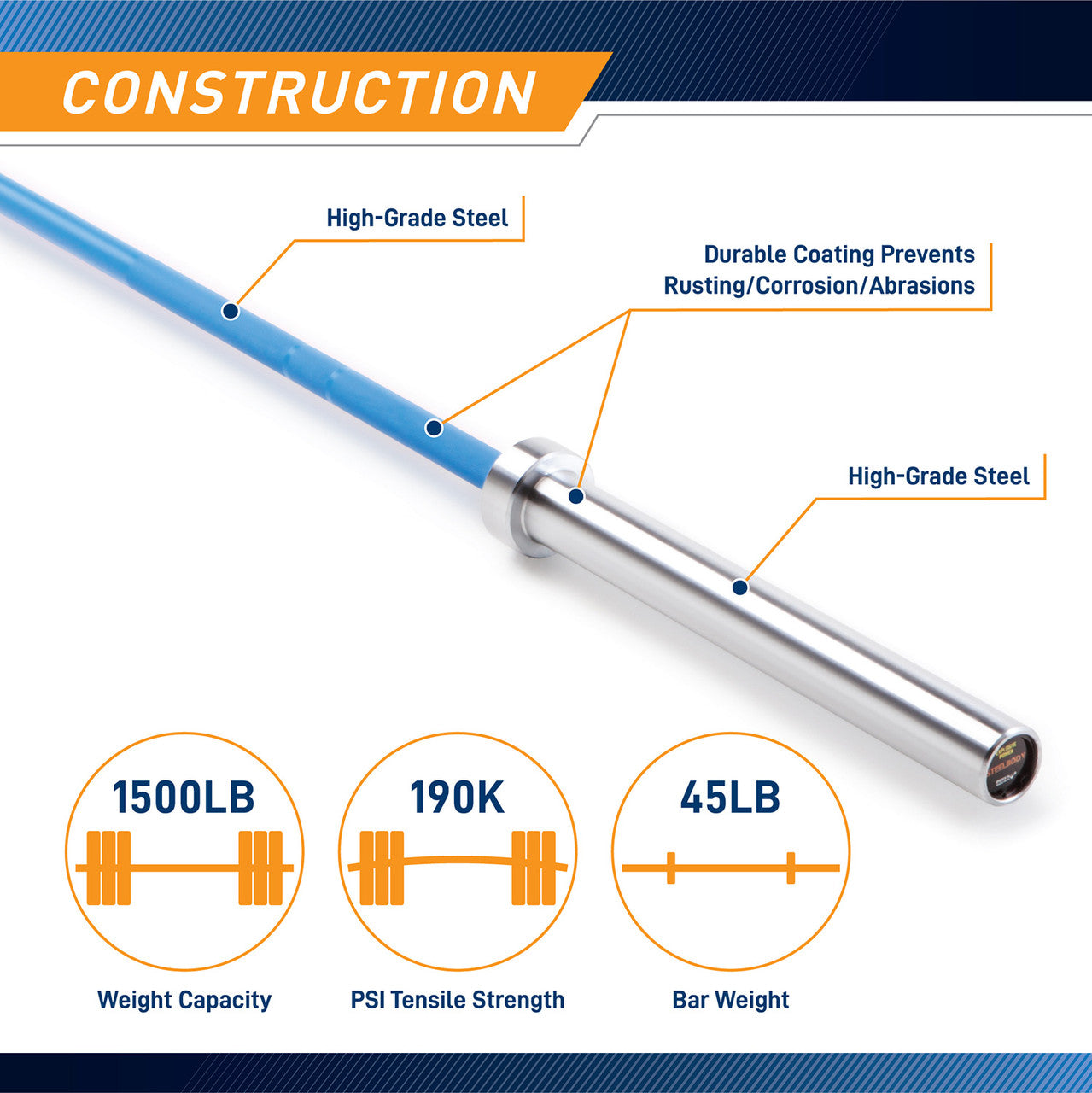 Blue Chrome 45lb Olympic Barbell | SteelBody STB-1501BLC