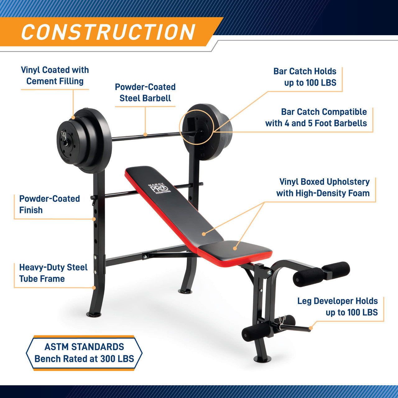 Marcy Pro Standard Weight Bench with 100 lb Weight Set | PM-2084
