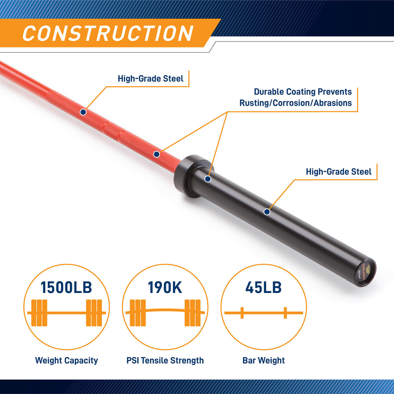 Red and Black 45lb Olympic Barbell | SteelBody STB-1500RB