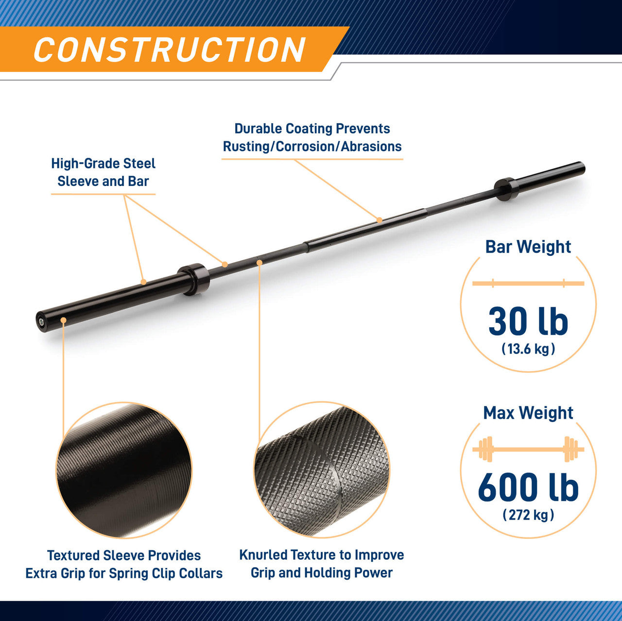 7ft Olympic Barbell 30lbs with 15.5 inch Loadable Sleeves | Marcy TRB-84