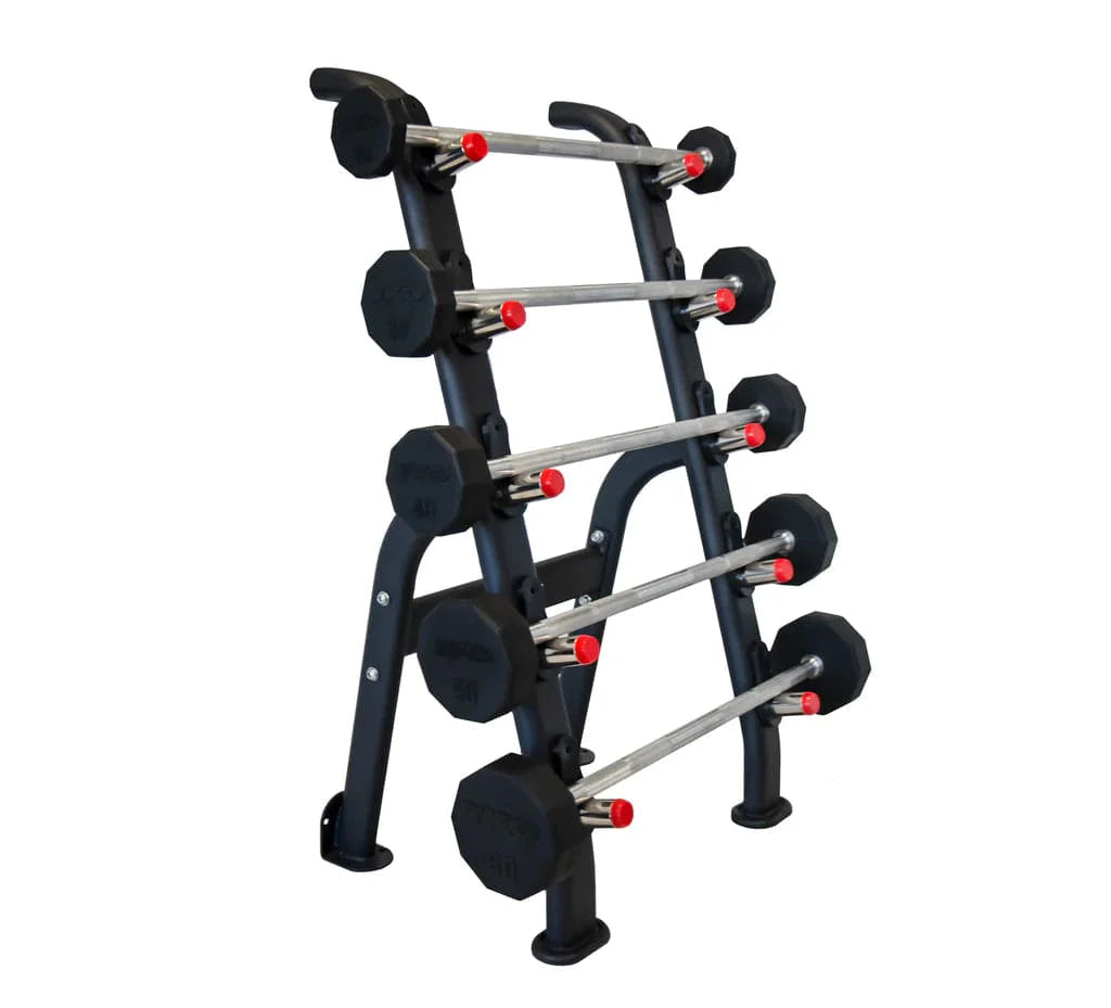TKO Rubber Fixed Curl and Straight Barbell Set w/ 5 Bar Barbell Rack